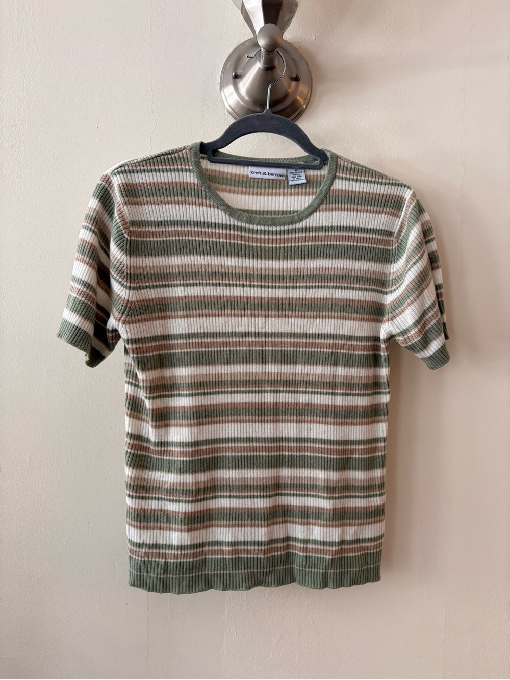 Vintage croft & barrow Olive and Cream Striped Ribbed Short-Sleeve Tee